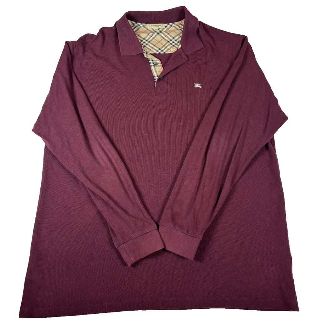 BURBERRY LONDON MEN'S LONG SLEEVE POLO BURGUNDY/SIGNATURE BEIGE CHECK SIZE 2XL